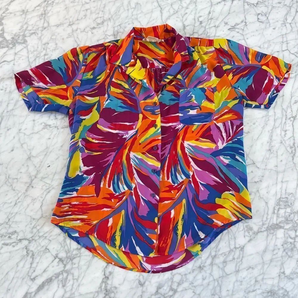 Vintage Bright Vibrant Button Down Blouse Womens Sz 12